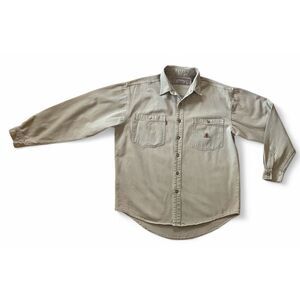 Vintage URGENT GEAR Shirt Men's Button Up TanDenim Logo Embroiled Long Sleeve M